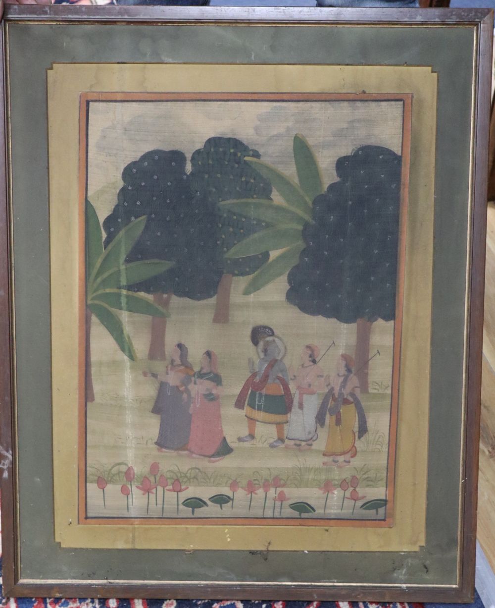 Indian School, watercolour and gouache on silk laid on card, Figures in a garden, 48 x 36cm